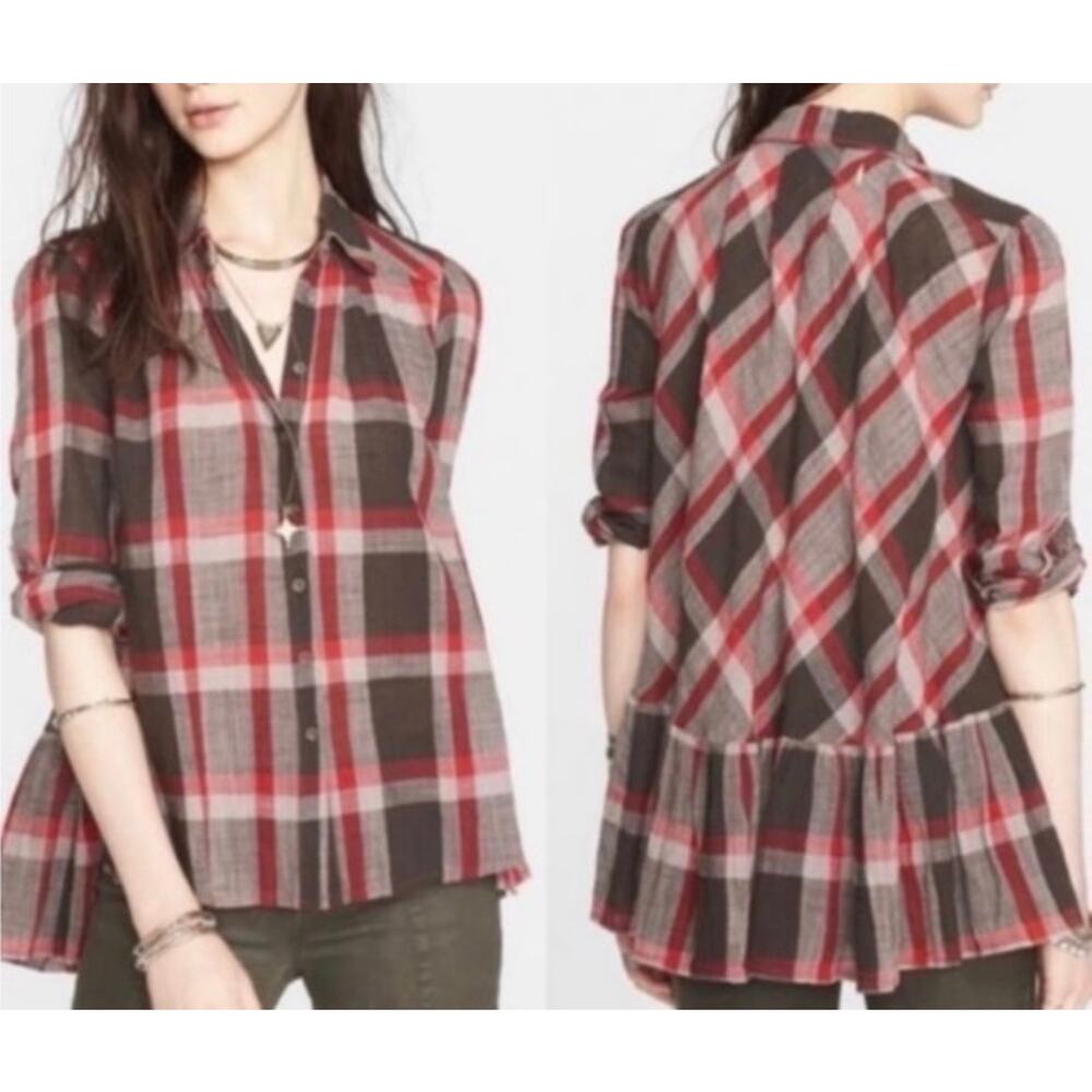 Free People Plaid Peplum Top XS | Red Grey Ruffle Hem Oversize Boho Blouse